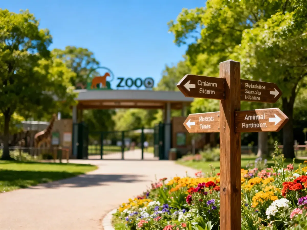 Nowoczesna brama wejściowa do wrocławskiego zoo otoczona zielenią, z drogowskazami kierującymi do wybiegów dla zwierząt.