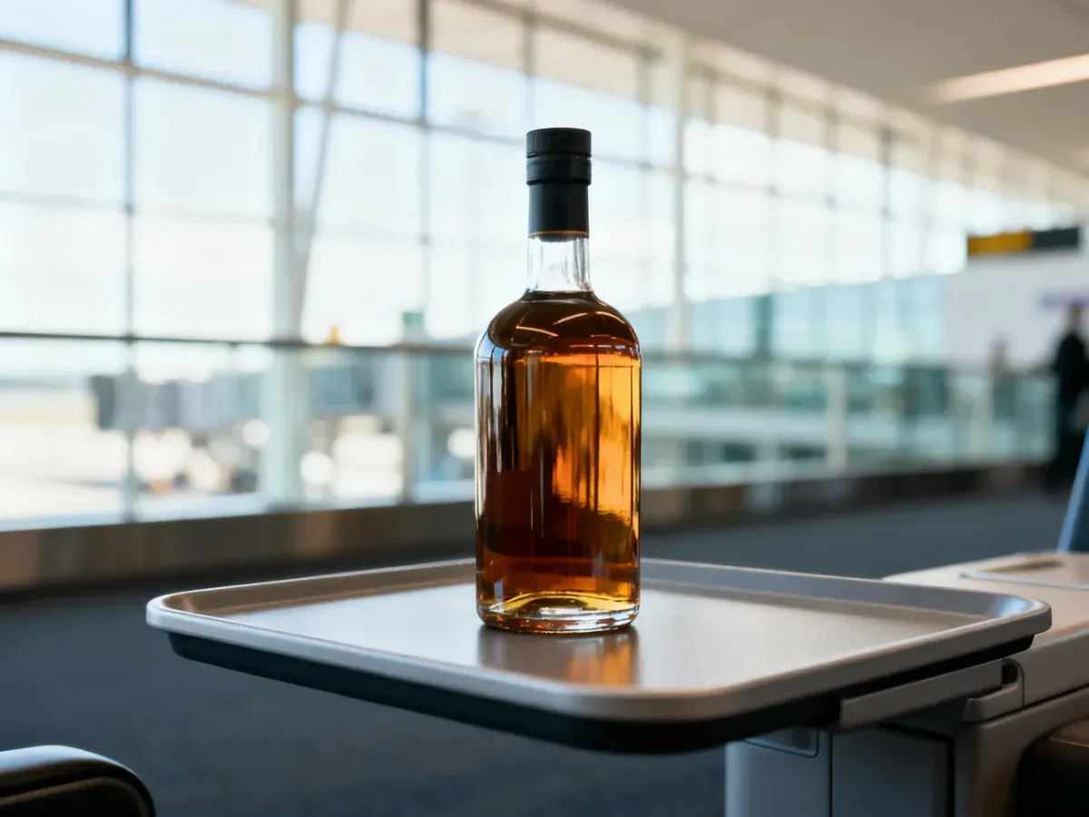 Szklana butelka alkoholu na lotniskowej tacy w terminalu, ilustrująca zasady przewozu trunków w samolocie.