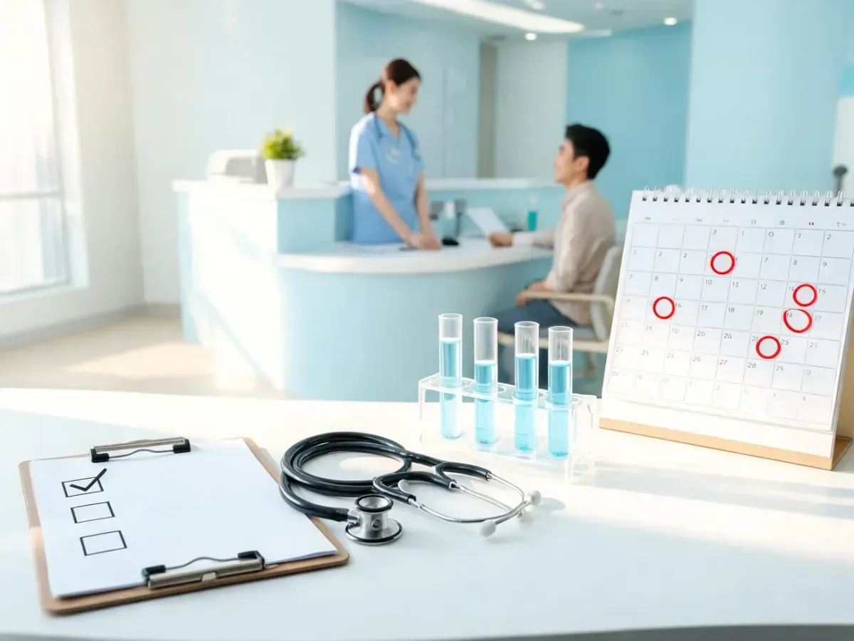 Biurko lekarskie z listą badań, stetoskopem i probówkami, w tle recepcja kliniki – spokojna atmosfera planowania badań.