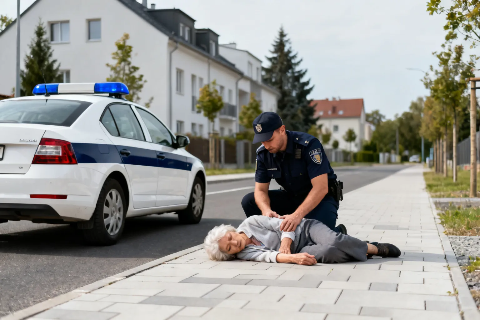 Sierż. szt. Patryk Bziuk pomógł seniorke, która zasłabła przy jezdni w Legionowie